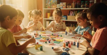 Enfants de 3 à 6 ans réalisant des activités manuelles autour d’une table dans un centre de loisirs lumineux
