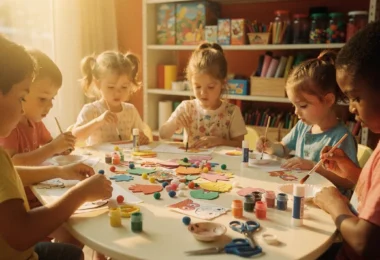 Enfants de 3 à 6 ans réalisant des activités manuelles autour d’une table dans un centre de loisirs lumineux