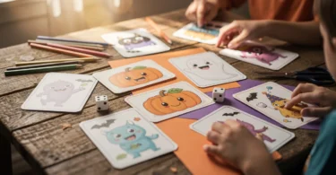 Jeux d’Halloween à imprimer avec cartes, dés, citrouilles et crayons sur une table familiale
