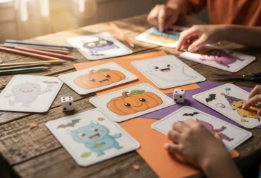 Jeux d’Halloween à imprimer avec cartes, dés, citrouilles et crayons sur une table familiale