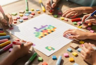 Modèle de pixel art facile sur grille avec feutres colorés