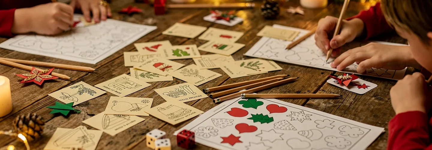 Jeux de Noël à imprimer posés sur une table familiale avec crayons, cartes et décorations de fête