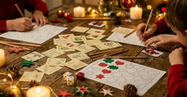 Jeux de Noël à imprimer posés sur une table familiale avec crayons, cartes et décorations de fête